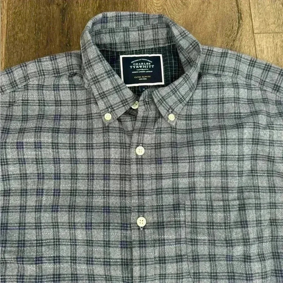 Charles Tyrwhitt button up shirt. Men’s size medium, extra slim fit. Blue plaid. - Picture 2 of 6